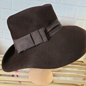 Vintage womens Brown Wool Wide Brim Hat Winter Autumn Panama